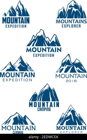 Climbing or mountain hiking sport vector icons for mountaineering adventure trip or Alpine explorer expedition and camping tourism. Emblems set of blu Stock Vector