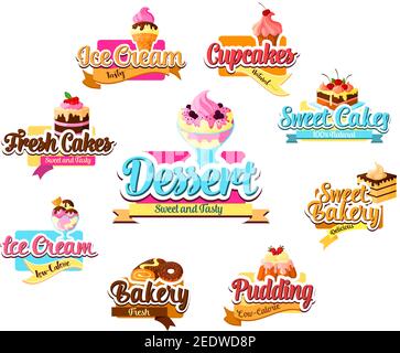 Bakery dessert, pastry and ice cream symbol set. Cake, cupcake, donut, ice cream sundae, fruit pudding, chocolate swiss roll with cream and fresh berr Stock Vector
