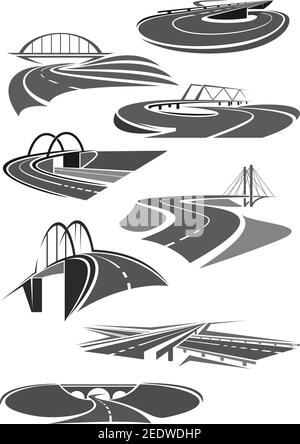 Road and highways icons set for motorway service or transport bridge building and tunnel construction company. Vector templates for car travel or tour Stock Vector