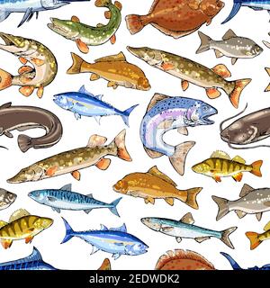 Fish or fishing seamless pattern of vector salmon or trout and tuna, sprat mackerel or flounder. Catch of fresh pike and perch and carp, sheatfish or Stock Vector