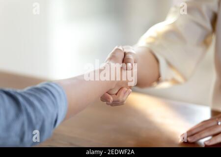 Close up two women handshaking, making business agreement. Stock Photo