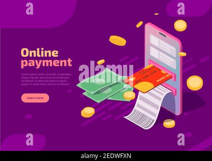 Online payment isometric landing page. Smartphone with paper bill, credit card, cash around on purple background. Mobile application for money transfers, financial transactions and internet payments. Stock Vector