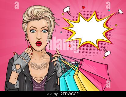 Vector pop art illustration of a surprised tattooed girl holding shopping bags on pink background. Blonde young woman with wide open eyes and mouth. Excellent poster for advertising discounts or sales Stock Vector