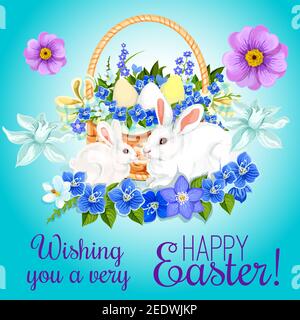 Happy Easter greeting card of paschal eggs and bunny rabbits in wicker basket and springtime flowers bunch of crocuses, daffodils and tulips. Vector d Stock Vector