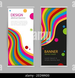 Set roll up with bright rainbow line on black and white background. Abstract vector vertical banners. Universal template with empty place for text. Stock Vector