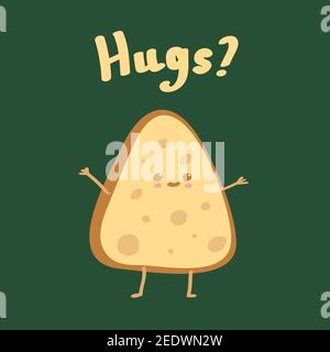 Cute happy funny nachos. Vector yellow colored cartoon hugs greeting card character illustration icon design isolated on green background Stock Vector