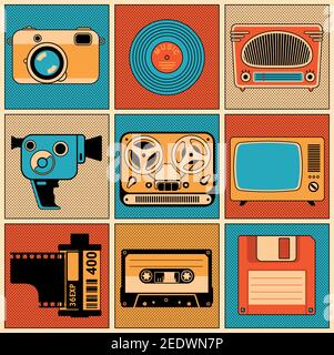 Retro media objects. Vector design elements set. Stock Vector