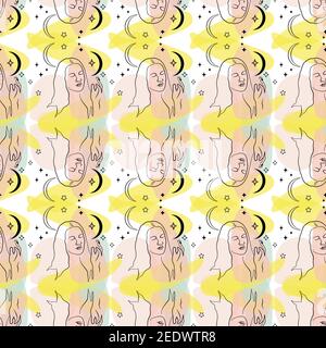 Seamless pattern with single line drawing of woman portrait with moon and stars with abstract geometric neutral shapes Stock Vector
