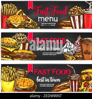 Fast food lunch dishes and drinks chalkboard banner set. Hamburger, pizza, hot dog, coffee and soda beverages, french fries, cheeseburger, popcorn and Stock Vector