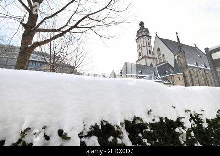 Leipzig, Germany. 10th Feb, 2021. The Thomaskirche in Leipzig at the Thomaskirchhof is surrounded by a lot of snow and high snow mountains in the current winter. Credit: Volkmar Heinz/dpa-Zentralbild/ZB/dpa/Alamy Live News Stock Photo