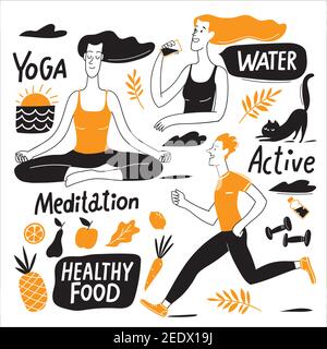 Healthy lifestyle vector design with people, elements and lettering Stock Vector