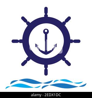 Nautical navy cruise sign. Ship steering wheel with anchor and wave vector logo design. Stock Vector