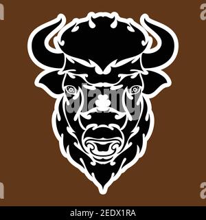 Hand drawn abstract portrait of a bison. Sticker. Vector stylized illustration isolated on brown background. Stock Vector