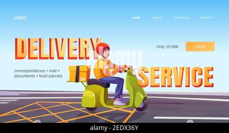 Delivery service cartoon landing page, man on scooter deliver box. Correspondence, mail, documents, food, parcels express shipping, order transportation to customers, company ad, Vector web banner Stock Vector