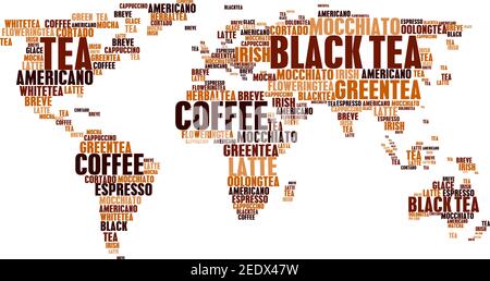 Coffee and tea or hot drinks cloud tags words in world map. Word cloudtags concept of espresso or americano, hot chocolate, cappuccino or irish coffee Stock Vector