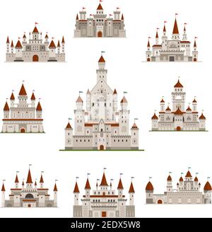 Castle or medieval fortress vector icons set. Royal princess or knight residence tower of fairy tale kingdom fort with fortified walls and flags on ro Stock Vector