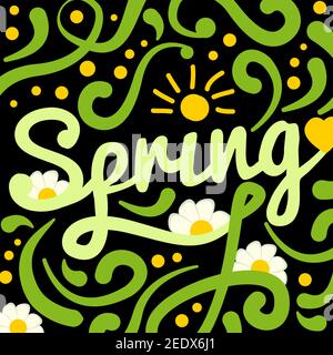 Brush lettering Spring on black background with decorations. The sun point, sun rays, glare, lines, and white daisies. You can use for greeting card, Stock Vector
