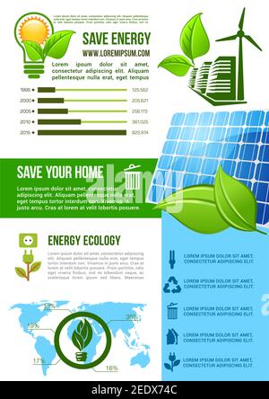 Energy and ecology conservation vector infographics with graph and chart elements on green and solar energy sources. Share and percent statistics on n Stock Vector