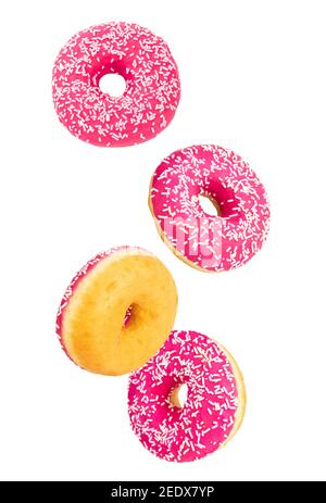 falling donuts set isolated on white background. Stock Photo