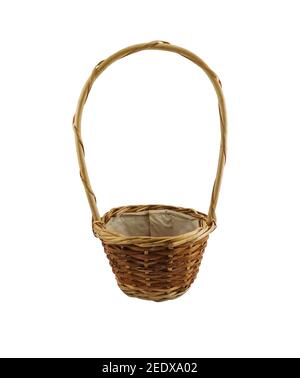 Wooden mini jardiniere for a flowerpot made of wicker on a white background Stock Photo