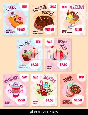 Price tags for bakery desserts. Vector special offer or discount card labels for pastry cakes, torte pies and cupcakes. Set of cookies and berry tarts Stock Vector