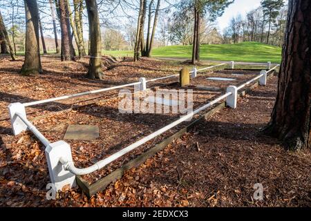 Military horse cemetery at Aldershot Army Golf Club, Hampshire, UK, with five memorial stones dating from 1880 to 1899 Stock Photo