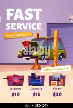 Fast car service poster. Flyer of auto maintenance, diagnostic and repair center with prices and contacts. Vector cartoon interior of mechanic garage, vehicle workshop with vehicle on lift Stock Vector