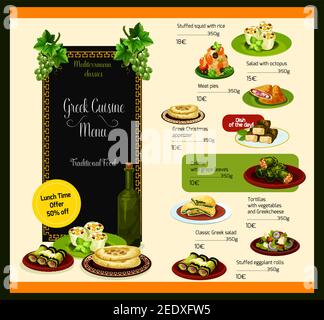 Greek cuisine vector template for restaurant lunch menu. Traditional meat dishes, vegetable salads and soups or appetizer snacks and desserts of Greec Stock Vector