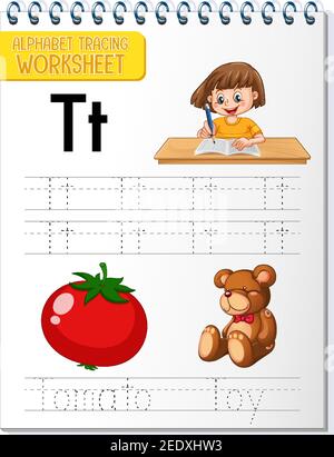 Alphabet tracing worksheet with letter T and t illustration Stock Vector