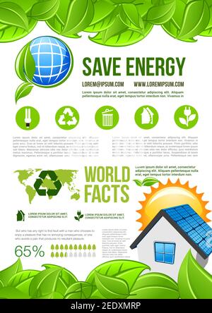 Ecology conservation and green energy consumption vector infographics template. Graph elements and diagrams on water and solar energy use for recyclin Stock Vector