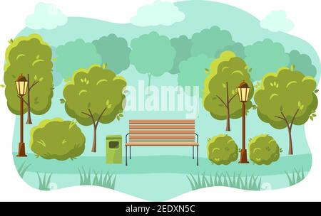 City summer park with green trees bench, walkway and lantern. Town and ...