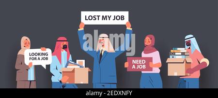 set arabic hr managers holding we are hiring join us posters vacancy open recruitment human resources concept horizontal portrait vector illustration Stock Vector