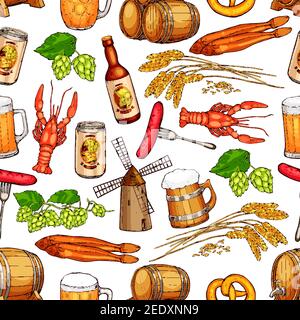 Beer and snacks seamless pattern of vector beer mug or barrel, hop and barley ears and windmill, grill or barbecue sausage and dried fish kipper or lo Stock Vector