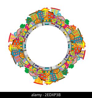 Round city frame with colored cartoon houses Stock Vector