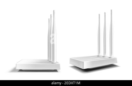 Side view of 3d router realistic with blue buttons and antennas. Router ...