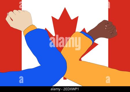 Elbow bump. New, innovative greeting to avoid the spread of the coronavirus in front of a Canada flag