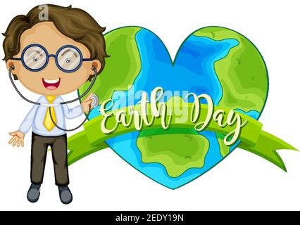 Earth in heart shape with a doctor cartoon character illustration Stock Vector