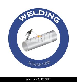 Welding company logo. Welding torch and tube with spark on white background. Vector illustration construction badge design. Stock Vector