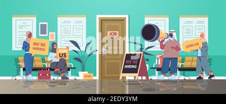 arabic hr managers holding we are hiring join us posters vacancy open recruitment human resources concept office corridor interior horizontal full length vector illustration Stock Vector