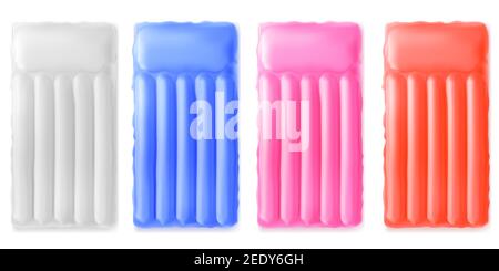 Inflatable water mattress for pool top view, rubber rafts accessories mockup, colorful swimming beds and summertime beach activity isolated on white background, Realistic 3d vector illustration, set Stock Vector
