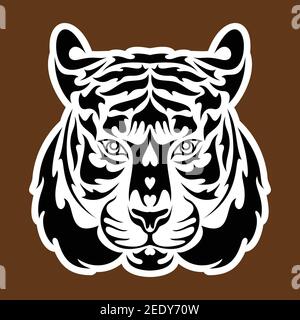 Hand drawn abstract portrait of a tiger. Sticker. Vector stylized illustration isolated on brown background. Stock Vector