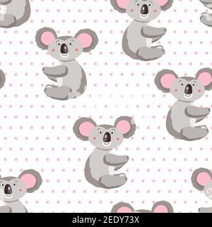 Seamless pattern with cute koala on white polka dots background. Funny australian animals. Card, postcards for kids. Flat vector illustration for Stock Vector