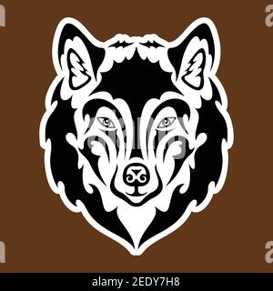 Hand drawn abstract portrait of a wolf. Sticker. Vector stylized illustration isolated on brown background. Stock Vector