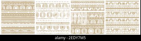 Set of four winter vector White and Beige horizontal Seamless border repeat patterns with random rough, twisted part of triangles or broken lines, part of circles shapes, rainbows. Hand drawn effect Stock Vector