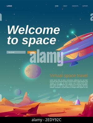 Welcome to space cartoon landing page with ufo spaceship on alien planet surface. Virtual travel to universe, galaxy explore futuristic educational technologies, cosmic advertising, Vector web banner Stock Vector