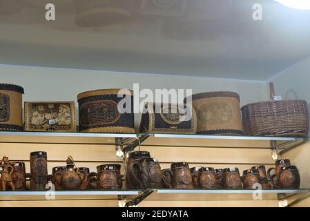 Birch bark bins and clay beer mugs with Russian text: Kostroma Stock Photo