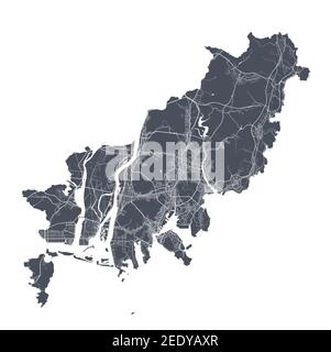 Busan map. Detailed vector map of Busan city administrative area. Cityscape poster metropolitan aria view. Dark land with white streets, roads and ave Stock Vector