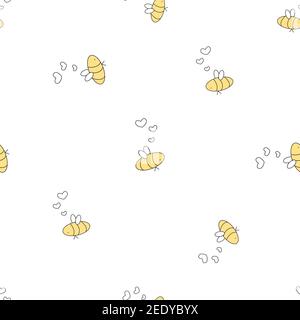Isolated bees are in love, hearts are near their heads are arranged in no particular order. Seamless repeat pattern on white background, Yellow black white colors Stock Vector