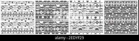 Set of four winter vector White and gray horizontal Seamless border repeat patterns with random rough, twisted part of triangles or broken lines, moons, part of circles shapes. Hand drawn effect Stock Vector