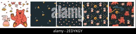Set of four seamless vector patterns of outline bears that walks and sits, honey, forget me nots, beehive, smell of honey, tree, branch, bees. Dark background. Bear and bees are isolated separately Stock Vector